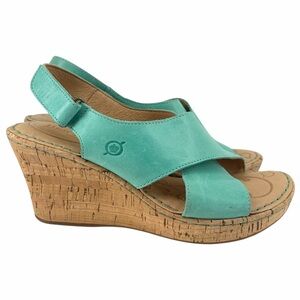 Børn Turquoise Leather Wedge Sandals Size 8 Cork Platform Slingback Comfort Shoe